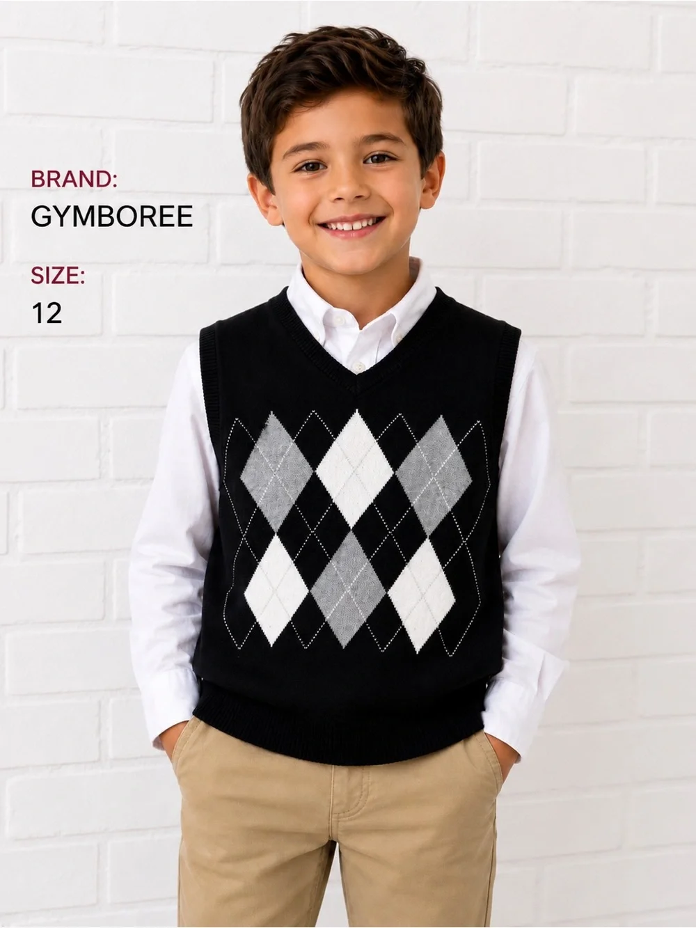 Gymboree Boys Argyle Sweater Vest Size 12 Black Gray White V-Neck Cotton Preppy